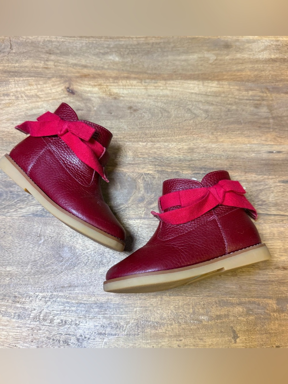 Elephantito Leather Sunny Booties -Burgundy Leather with Red Bow size 8T